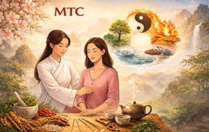 Illustration de la Médecine Traditionnelle Chinoise : praticienne, plantes médicinales et symbole yin-yang